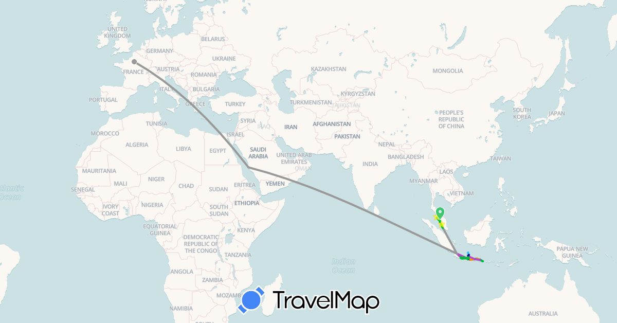 TravelMap itinerary: driving, bus, plane, train, boat, hitchhiking in France, Indonesia, Malaysia, Saudi Arabia (Asia, Europe)